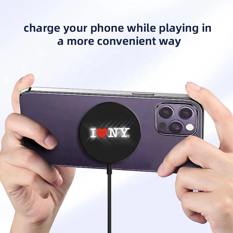 Kemier portable small mini dock custom led light up lamp logo mobile phone pad 15W qi fast magnetic magnet wireless charger