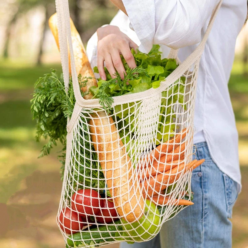 Reusable Grocery Bags Cotton, Zero Waste Farmer Market Fruit and Vegetable Bag, string Mesh Shopping Net Bag beach bag mesh
