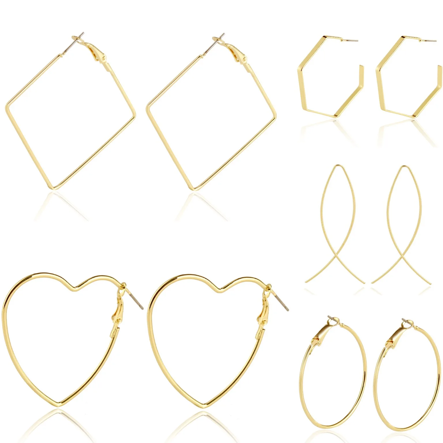 Set of 5 Pairs Gold Color Basic Cheap Price Large Simple Stainless Steel Hoop Earrings Wholesale