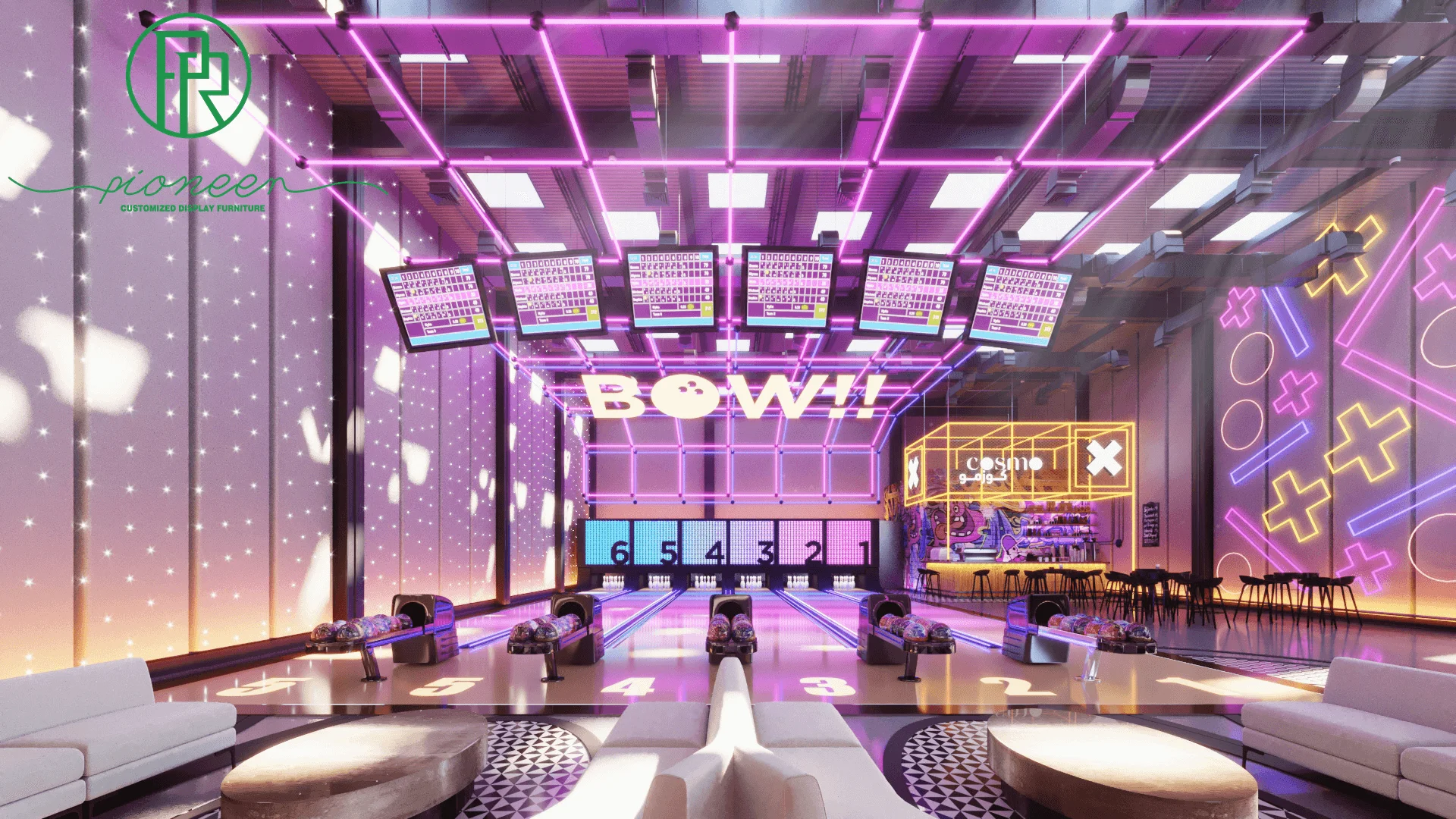 Amazing bowling alley design custom bowling center bar counter bowling restaurant lounge furniture
