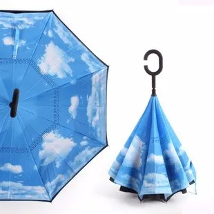 reverse umbrella with custom logo double layer flower print inside C  curve handle for promotional inverted umbrellas for rain