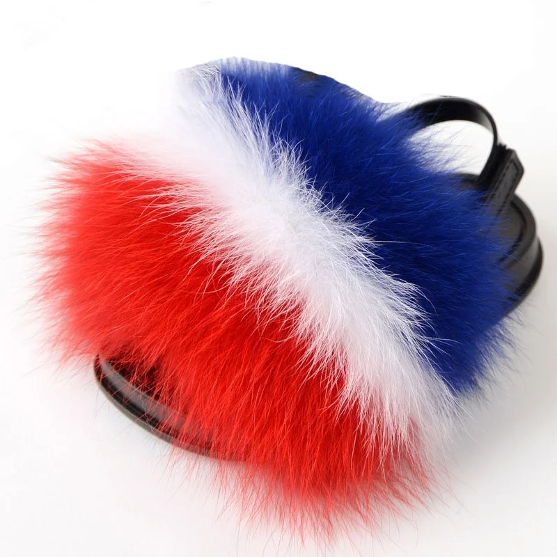 
2020 Baby Kids Real Fox Fur Slippers Child Raccoon Fur Home Flop Flip Sandals Girls Cute Fluffy Slides 