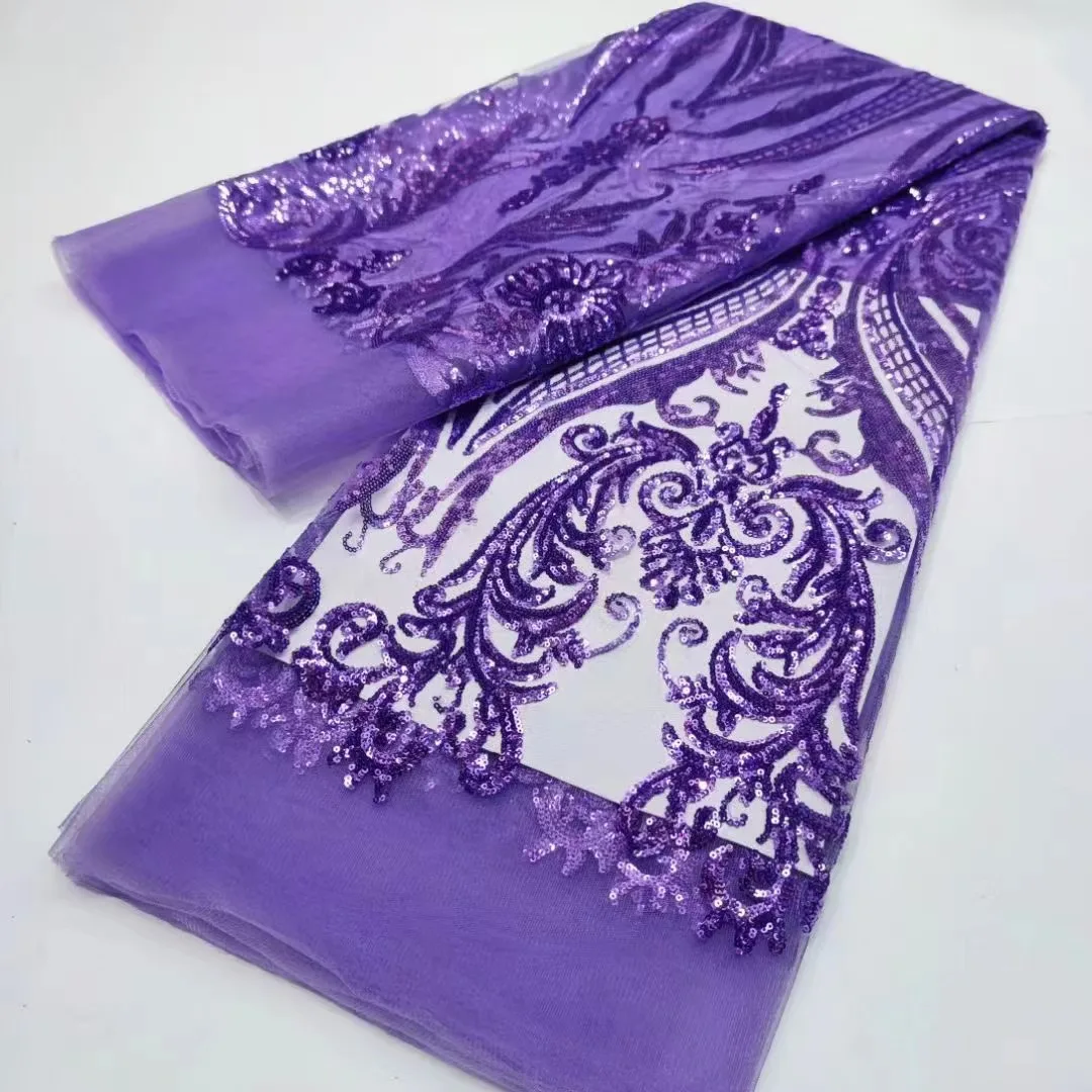 Newest African 100% Polyester Sequin Embroidery Lace Fabric Glitter Green Nigeria Embrideried Mesh Fabric For Wedding Dress