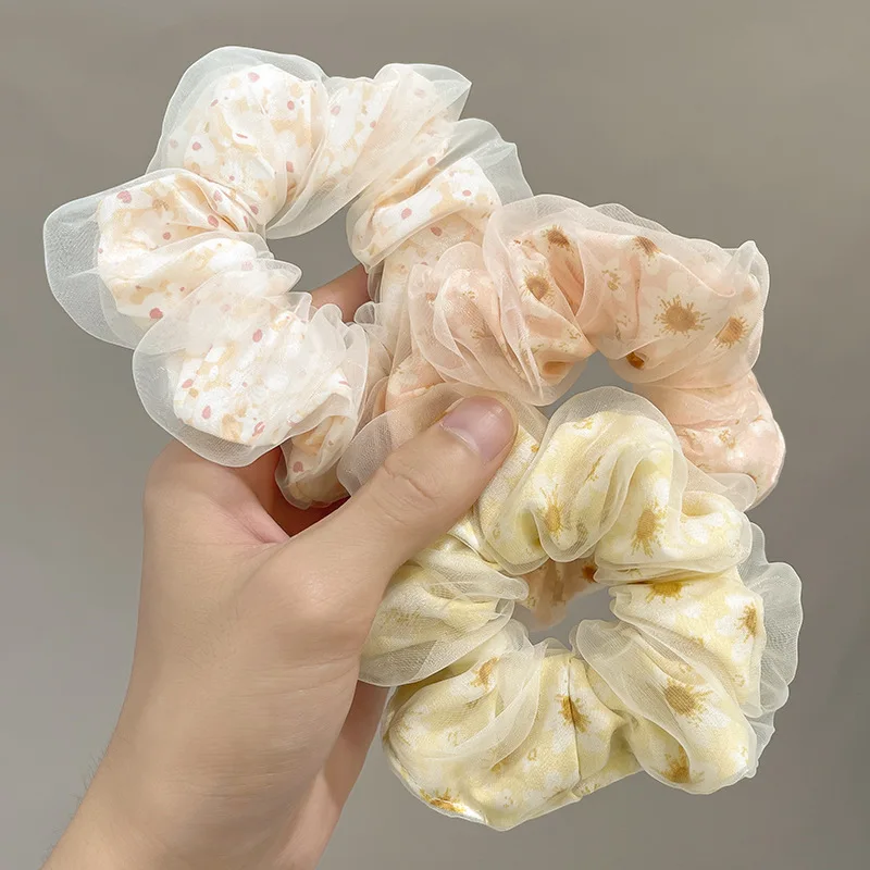 New Vintage Prints Hair Scrunchies Double-layer Gauze Simple women Hair scrunchies High Sense Elegant Hair Loop Accessories