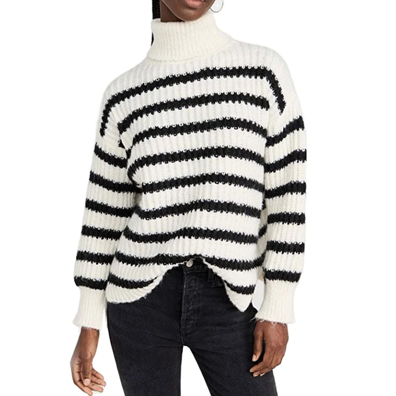 Classic black and white striped mohair pullover with round neck and folded long sleeved cashmere sweater