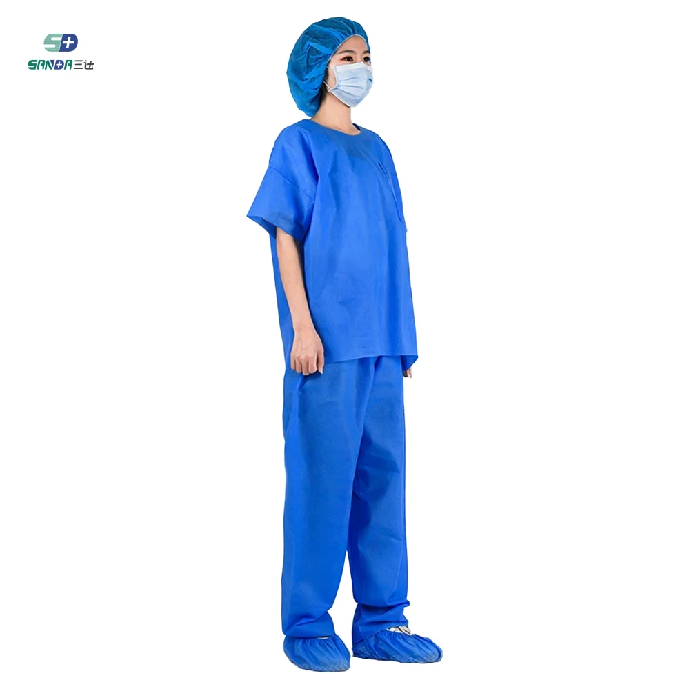 High quality blue waterproof breathable non woven v-neck women uniforms hospital surgical scrub suit nursing