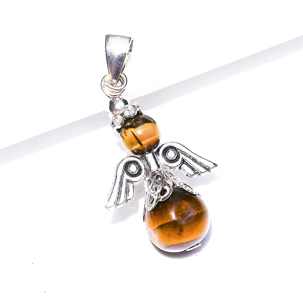 Natural Stone Amulet Healing Crystal Pendant Charm Dancing Angel Wings Round Pendants Beads Reiki Pendulum for Men Women