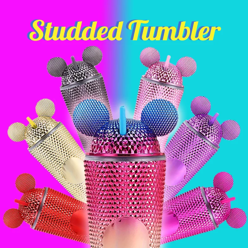 New Style Custom 24oz Double Wall Acrylic Diamond Twinkles Studded Mickey Plastic Cups with Dome Lid And Straw For Gift