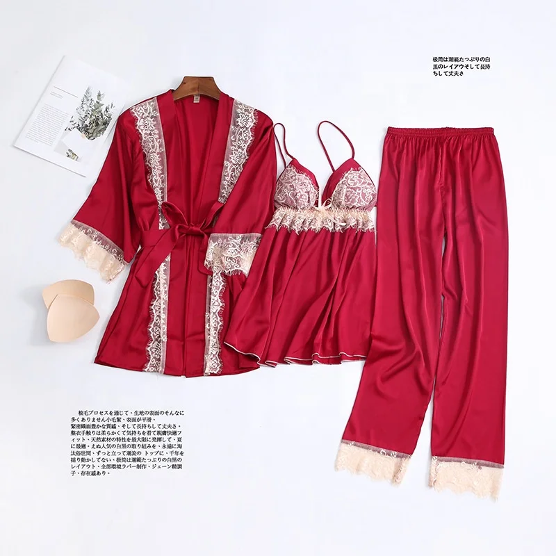 New Arrival Three Pieces Imitated Silk Ladies Loungewear Lace Silk Satin Pajamas Breathable Night Wear Sexy Women