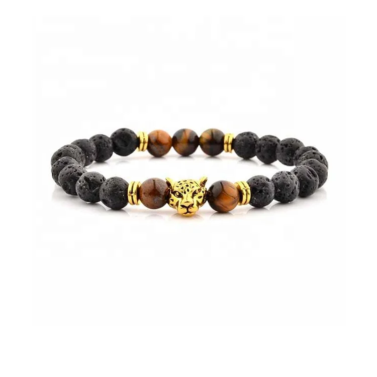 2020 Trendy Black Fashion Panther Head Black Agate Nature Onyx Beads Bracelet for Men