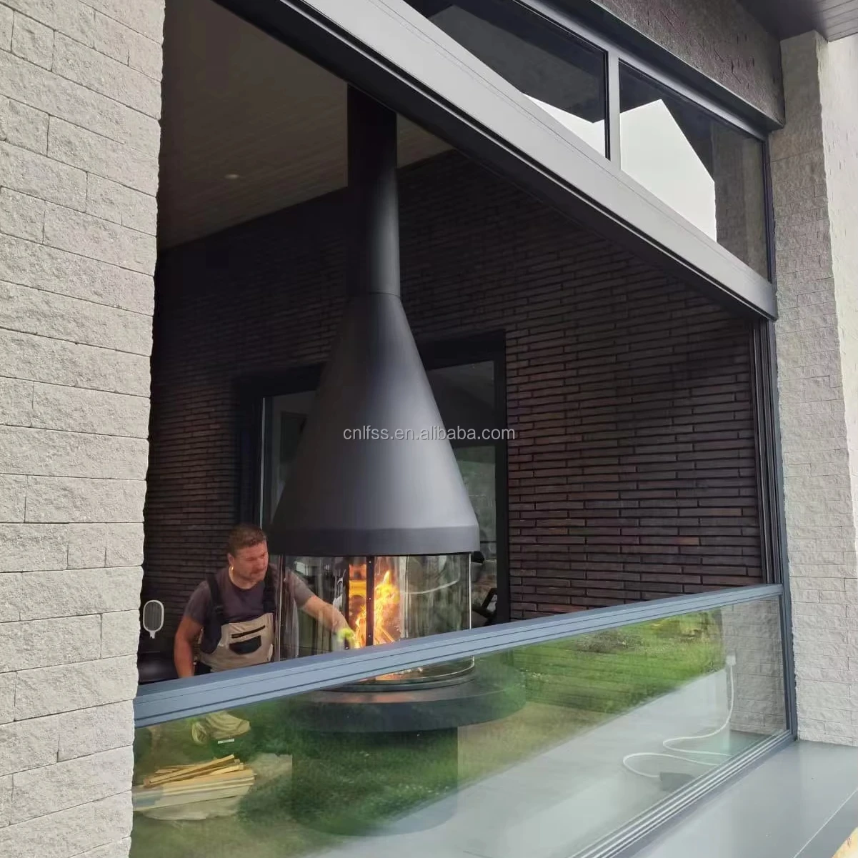 Feedback real photo luxury indoor roof mounted chimney surround glass wood fire round fireplace for villa