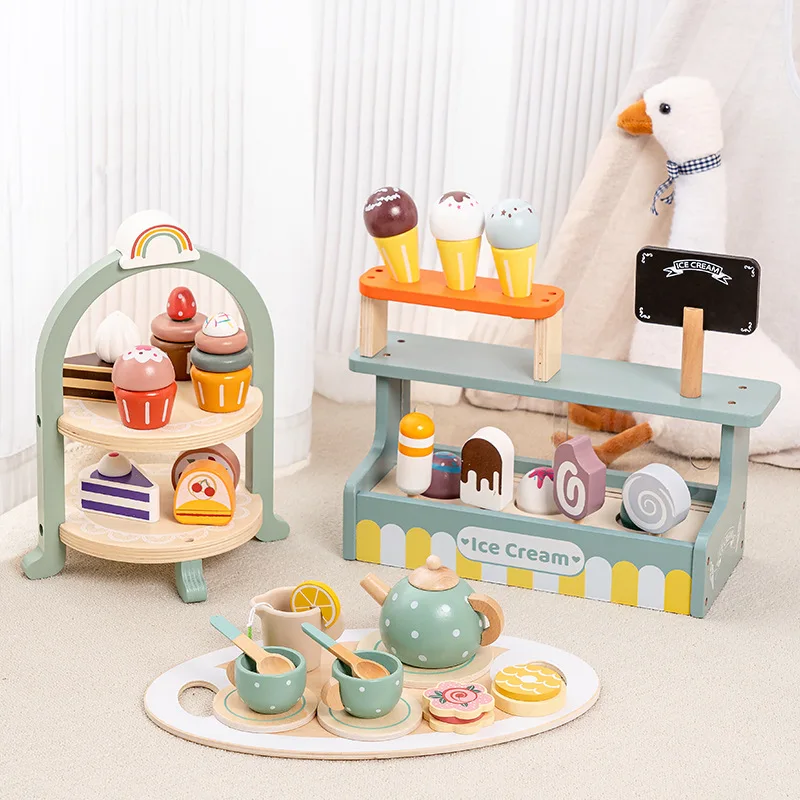 Montessori Cartoon Macaron Children Little Cooking Family Baby Mini Afternoon Tea Food Fruits Dresser Toys For Kids Boys Girls