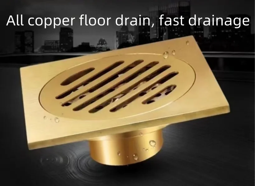 Modern Brushed Gold Balcony 4-inch Square Odor-proof Floor Drain Factory Price Brass Floor Drain Drains