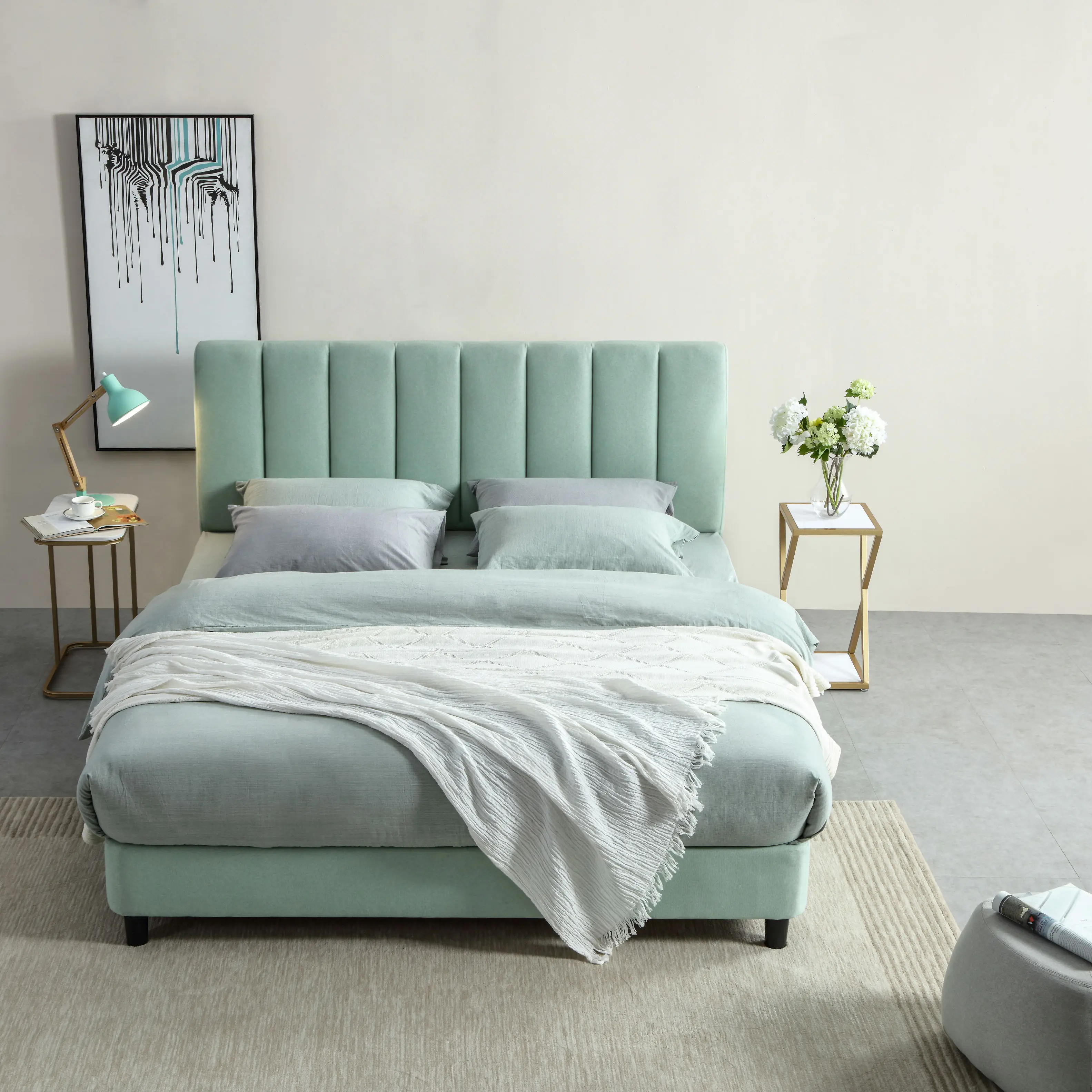 AIDI Cheap Thick Headboard Button Tufted Sleigh Fabric Wood Bed