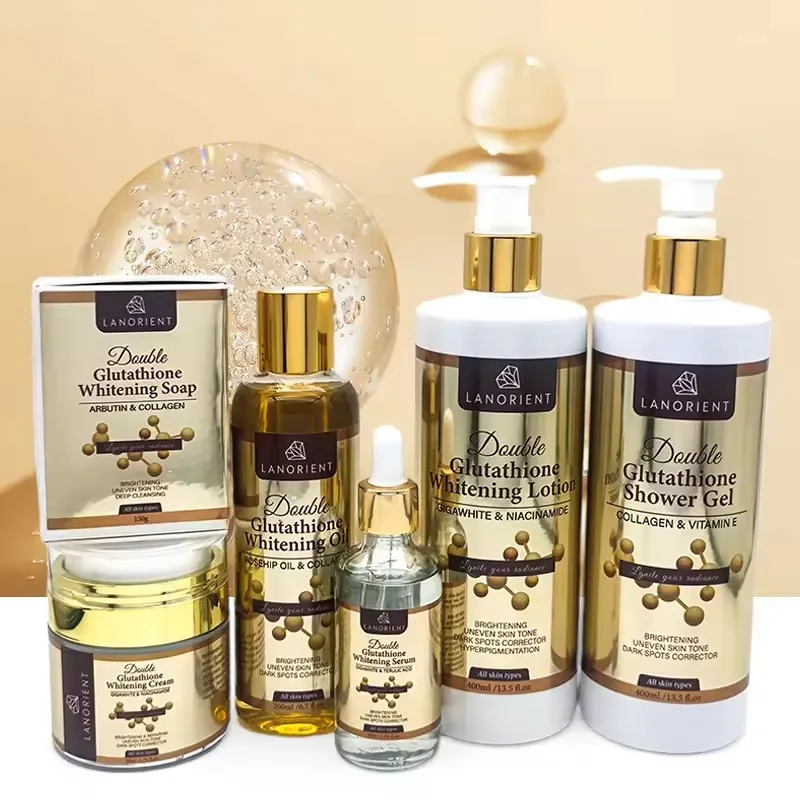 OEM LANORIENT Skin Care Set Double-Glutathione Whitening Serum Dark Spot Face Cream Black Skin Bleaching Body Lotion
