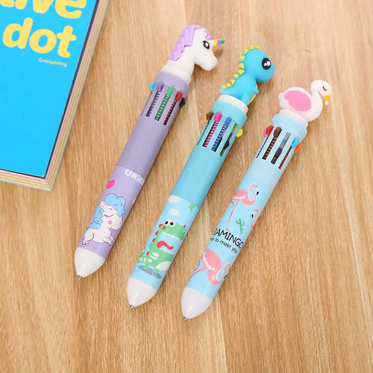 Korea Japan Creative Stationery 10 In 1 Multicolor Ballpoint Pens Cartoon Unicorn Flamingo 0.5mm Plastic Pen