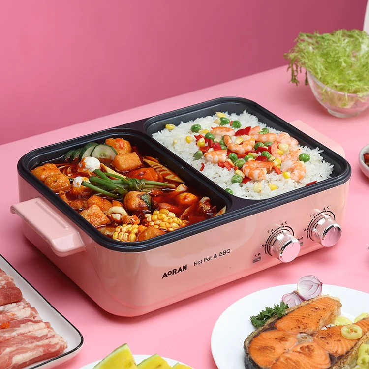 1100w Multi-functional Die Casting Aluminum Rotating Bbq Grill Electric Grill With Hotpot With Glass Lid