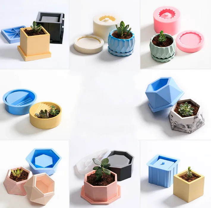 XO133 DIY Thicken Flower Plant Pot Mold Cement Plaster Silicone Round Square Succulent 3D concrete Pot Molds