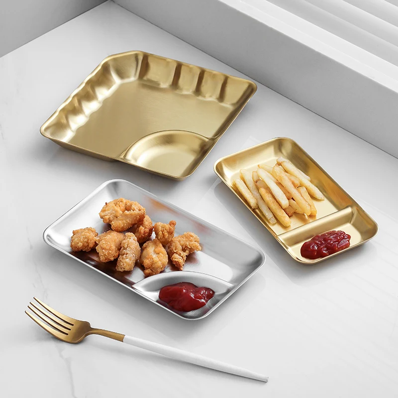 Party Club Tableware Stainless Steel Chip Divided Grid Snack Plate with Sauce Holder