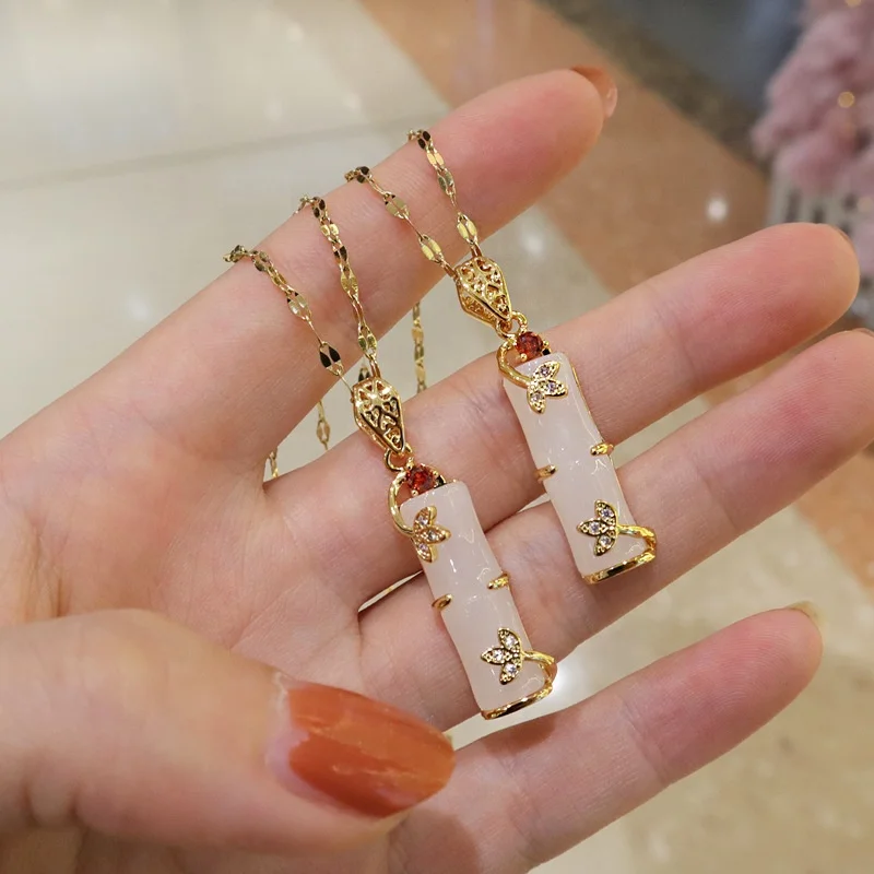 New Arrival Real Gold Plated Stainless Steel Necklace Long Bamboo Shape Pink Natural Jade Pendant Necklace For Women