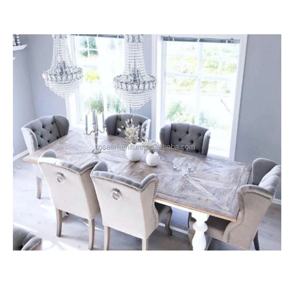 Farmhouse Furniture Antique Distressed Oak Wood White Dining Table Set with 6 Chairs