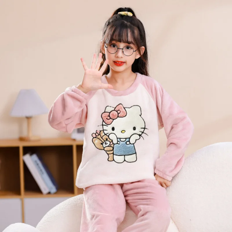 Flannel Pajamas  Autumn  Winter Thickened Cute Girls Coral Fleece Suit  Sanrioed  Hello KT sleepwear Warm Home Clothes