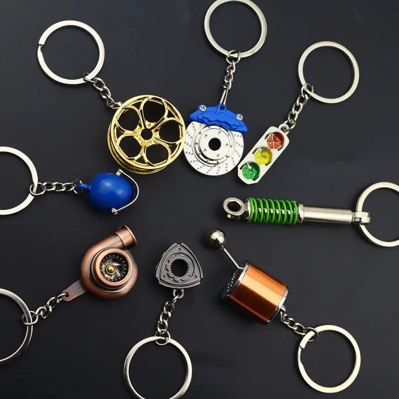 Creative gift Mini metal car parts keychain turbo gear hub Keyring brake disc shock absorber shifter Pendant Auto Part Key chain