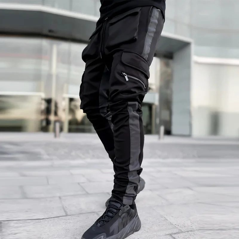 
2021 Hip Hop Night Running Mens Casual Trousers Fitness Stacked Reflective Jogger Track Pants With Pockets 