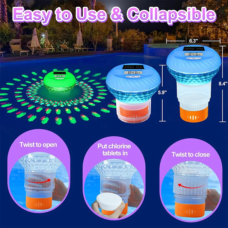 OEM ODM Solar LCD Thermometer Floating Chlorine Dispenser Floater Chlorinator Pool Chlorine Tablets for Swimming pool