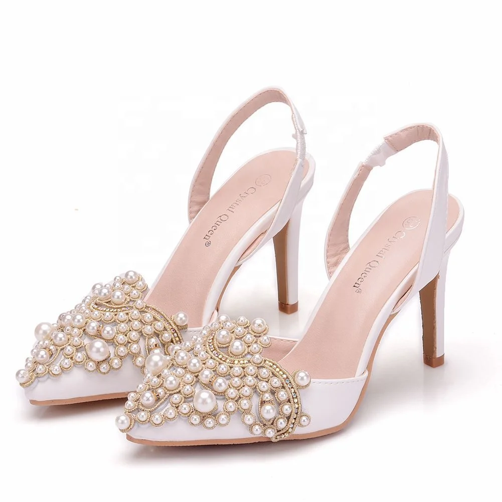 Summer Pearls White High-heeled Bridal Wedding Shoes Large Size banquet Women Sandals