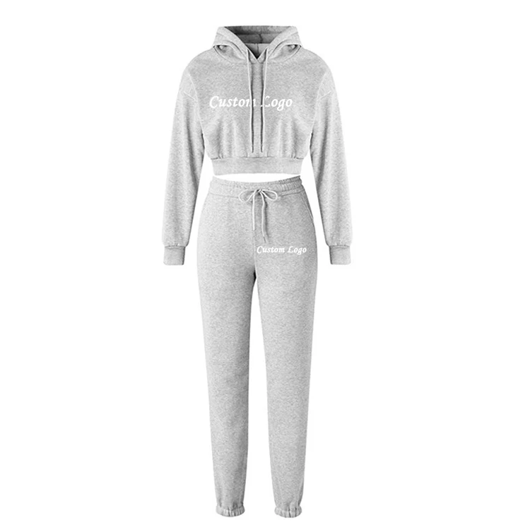 Custom Logo High Quality Gym Cotton Fleece Crop Top Jogging Suits Sweatpants And Hoodie Women Sweatsuit Tracksuit 2 Piece Set