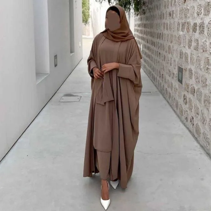 2 piece Muslim Islamic Clothing Suite Ramadan Modest Wear 2 layers Slips Match Open Abaya Crepe Jazz Abaya Set