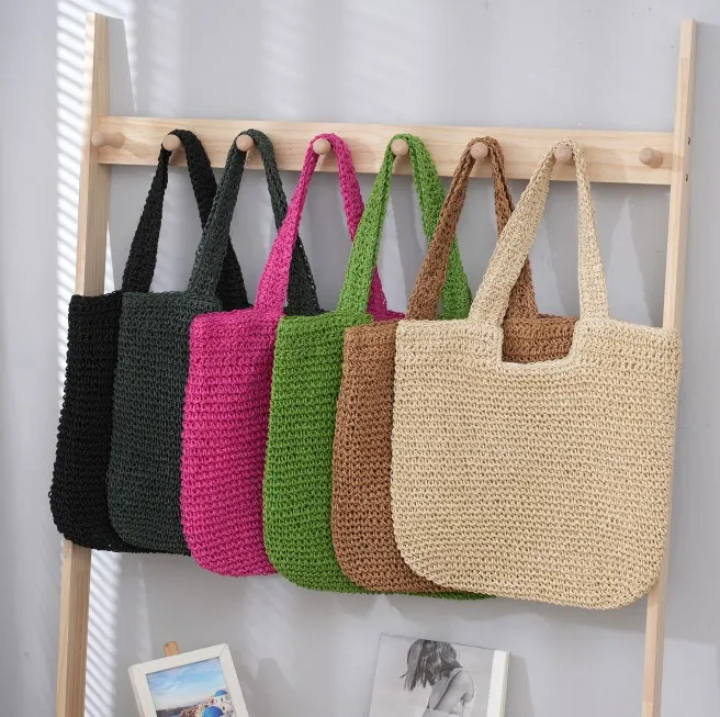 Hot Sales Crochet Handbag Women Large Summer Custom Woven Handmade Paper Straw Beach Tote Straw Bag