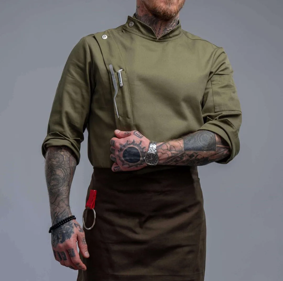 Army Green Cafe Bar Wait Staff Uniforms Custom Logo Printing Waiter Workwear Uniform Restaurant Waiter and Waitress Uniform