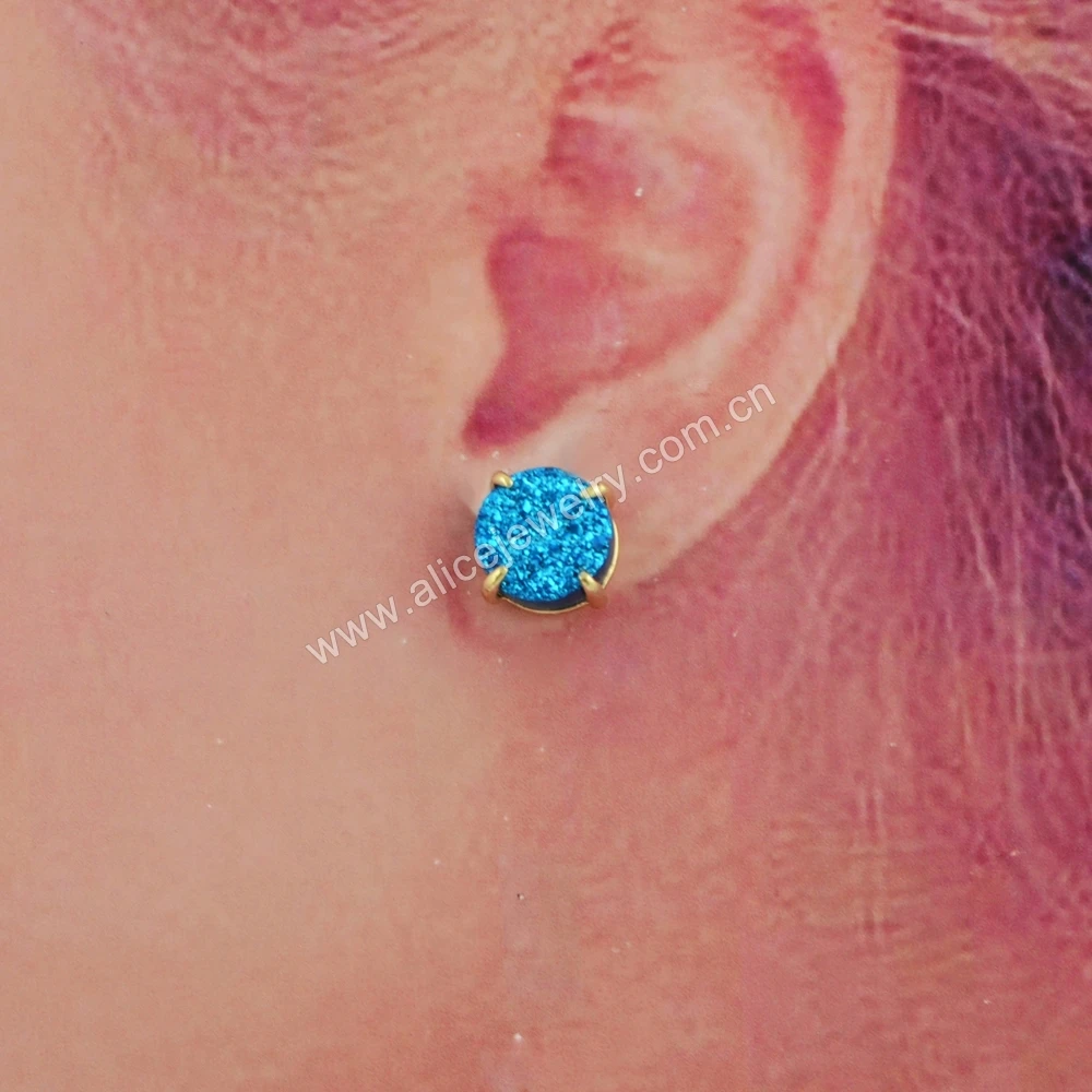 ZG0412 Prong setting 10mm round natural agate druzy stud earrings