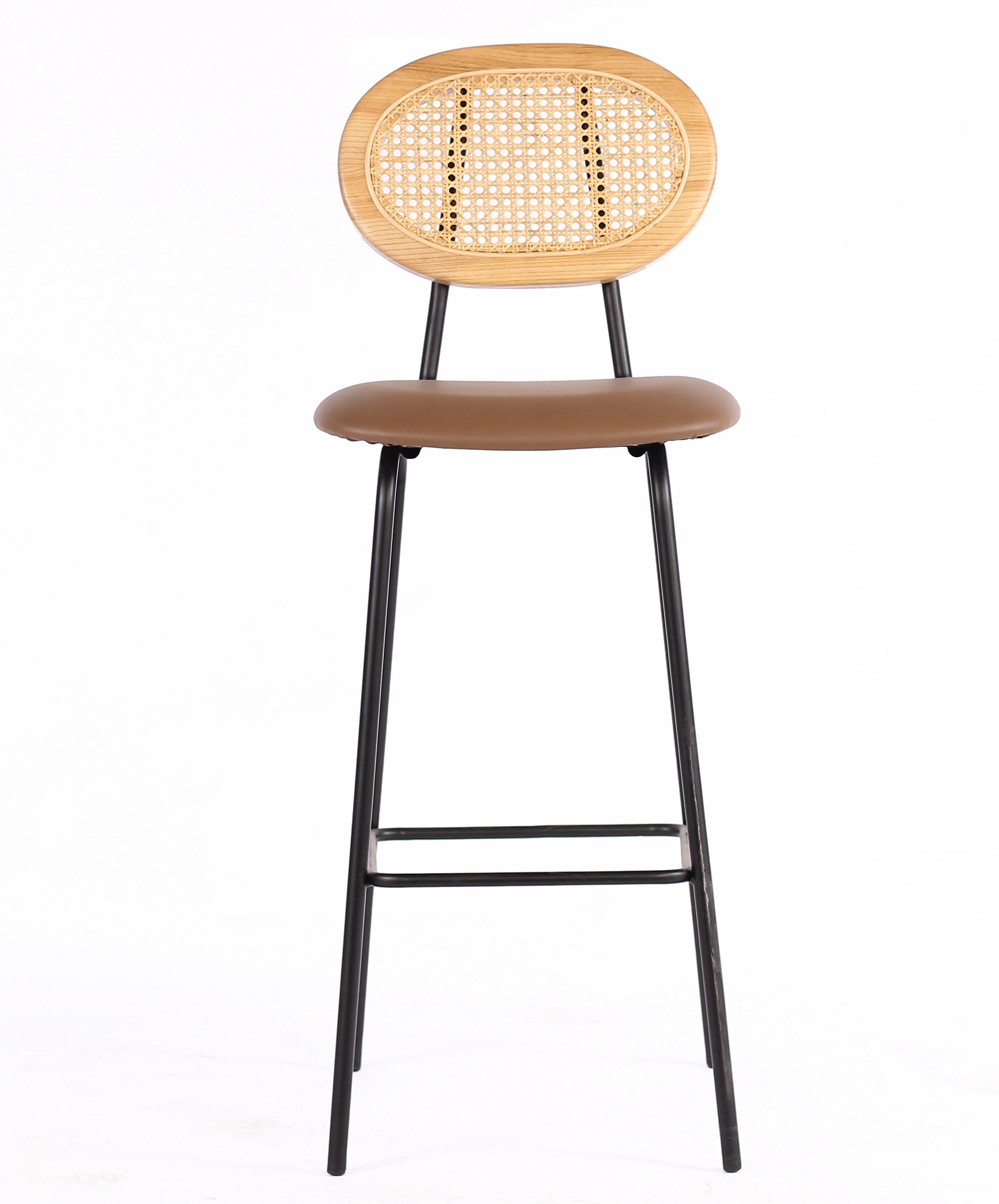 Bar Furniture Restaurant Metal Legs Rattan High Backrest Upholstery Bar Chair For Kitchen Counter Chair