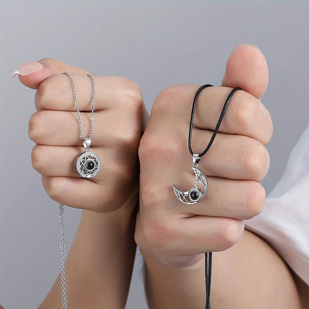 Sun Moon Couples Projection Necklace Fashion Magnetic Pendant Chain Necklace 100 Languages I Love You Stitching Necklace