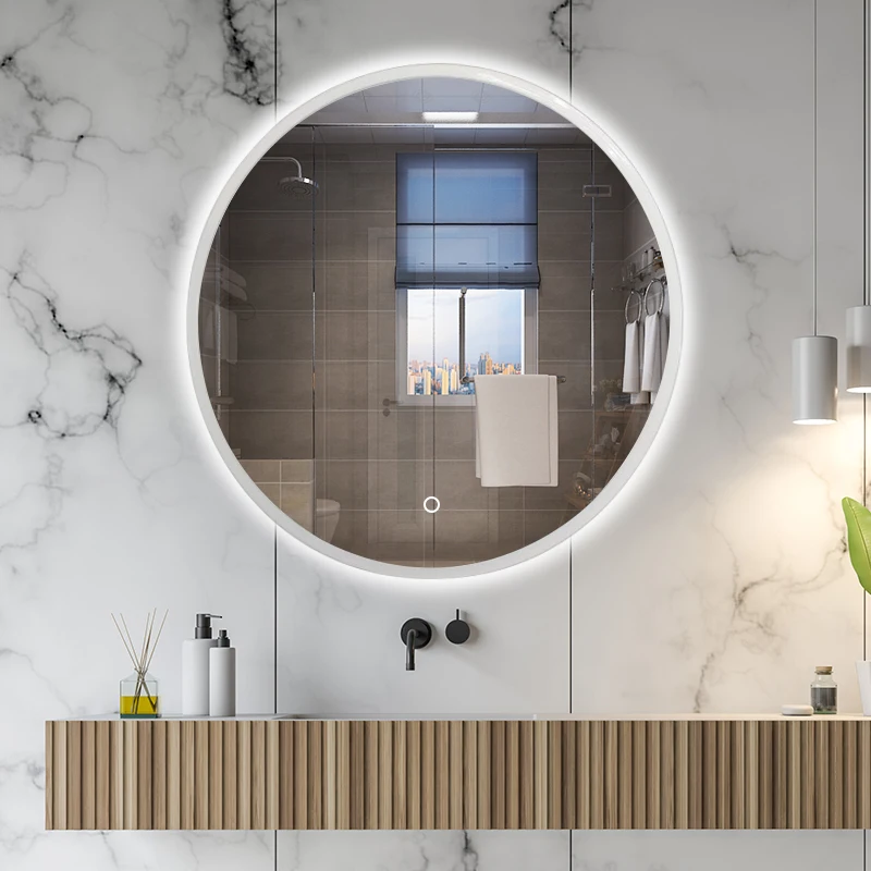 Wholesale Hotel Home touch screen round mirror smart LED light induction Bluetooth defog bathroom mirror
