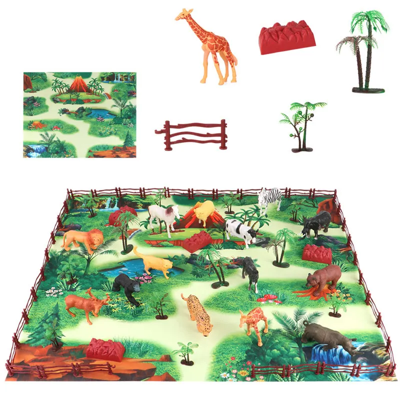 JXB Animal Model Mat & Trees Waterproof and Thin Educational Realistic Dinosaur Toys Play Set For Kids