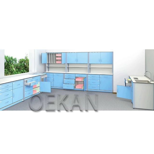 School Laboratory Equipment Commercial Chemical Working Wooden L-shape Wall Mounted Lab Desk with Sink Faucet