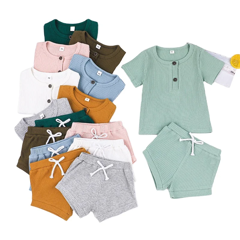 Summer Baby Clothing T Shirt 2 Pc Suit Baby Girls Clothes Opp Packaging MK Short Unisex Solid Pullover 100% Cotton Clothing Sets