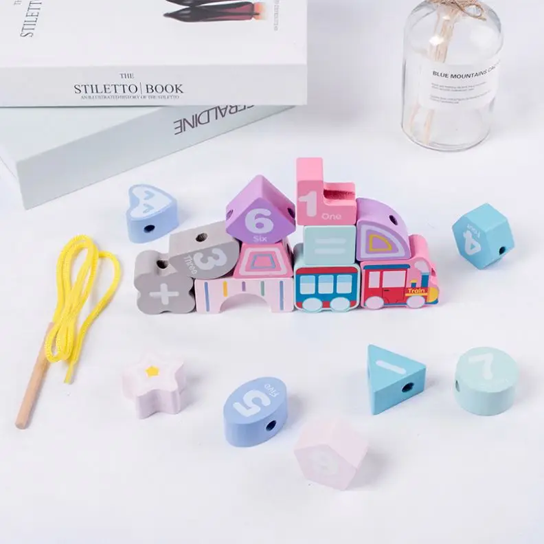 New Design Wooden Learning Baby Toys Colorful Number Stringing Threading Train Digital Beading Math Montessori