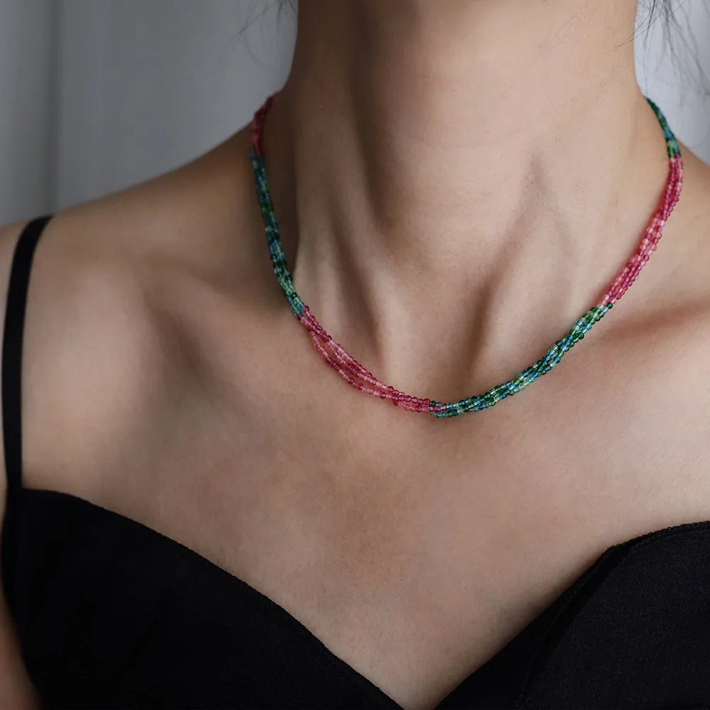 Summer Crystal Jewelry Elegant Pink Green Tourmaline Stainless Steel Accessories Multi Layer Beads Choker Necklace for Women