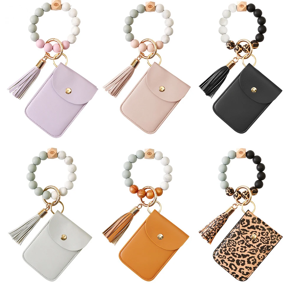 Keychain Wristlet Wallet With Bangle Bracelet Key Ring Colorful Beads Holder Gifts Holiday Women