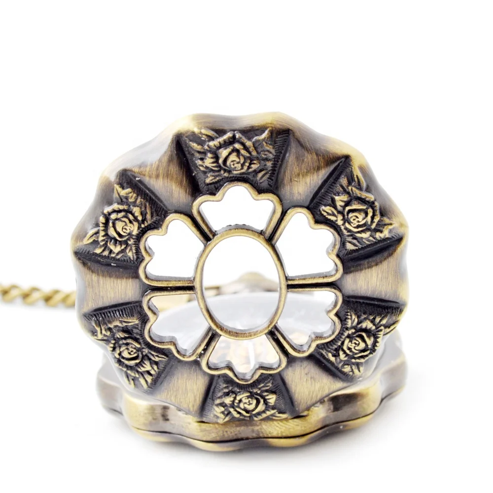 Ancient Style Flower Shape Hollowed Out Machine Pocket Watch With Thin Chain