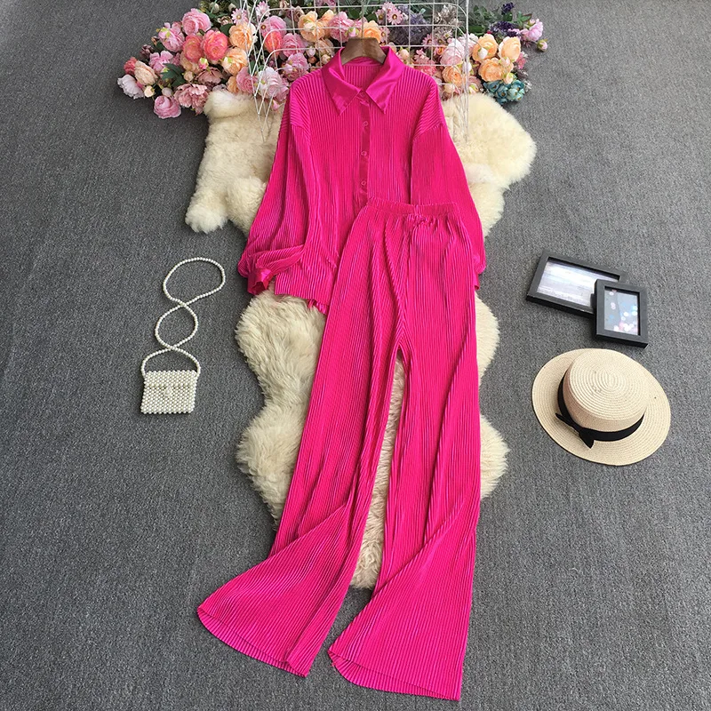 Y091-065 New Arrival Tracksuits For Women Candy Color Loose Pleated Shirt Elastic Pants Two Piece Set Casual Outfits For Women