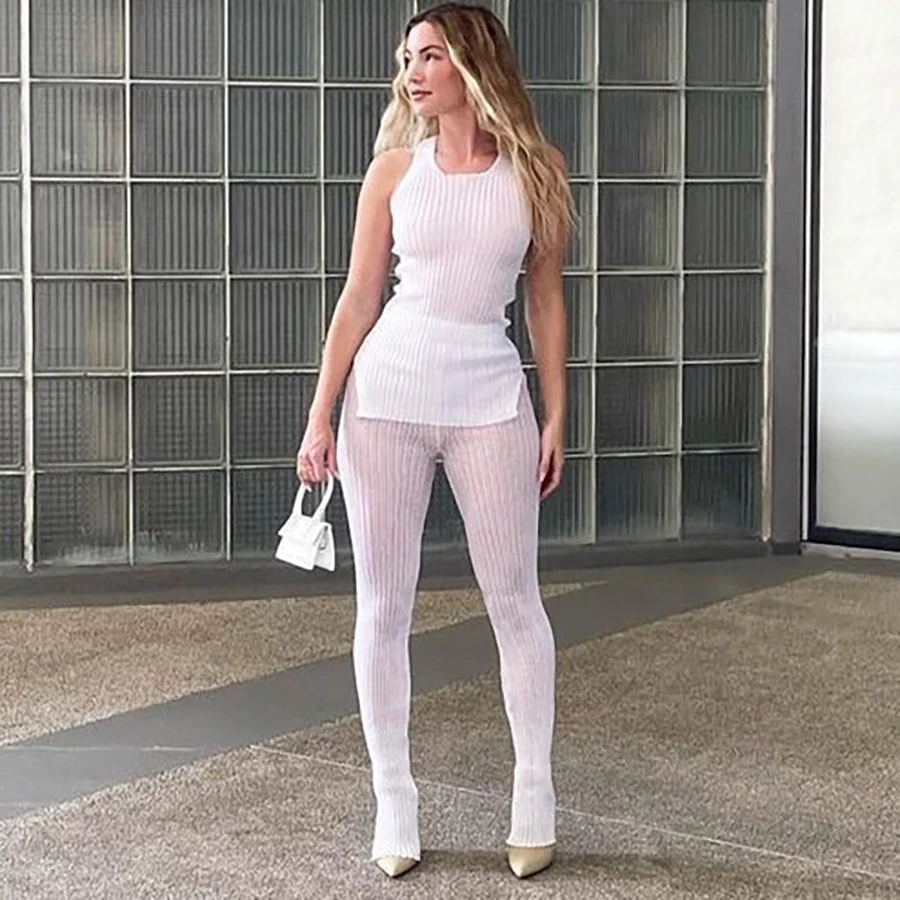 K21S03530 Summer Knitted Skinny Jogger Set Backless Womens Clothing 2021 Two Piece Pants Set