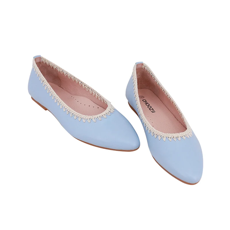 CHOOZII New Arrival Ladies Women Summery Baby Blue Genuine Leather Pointed Toe Ballet Flats with Stylish Crochet Trim