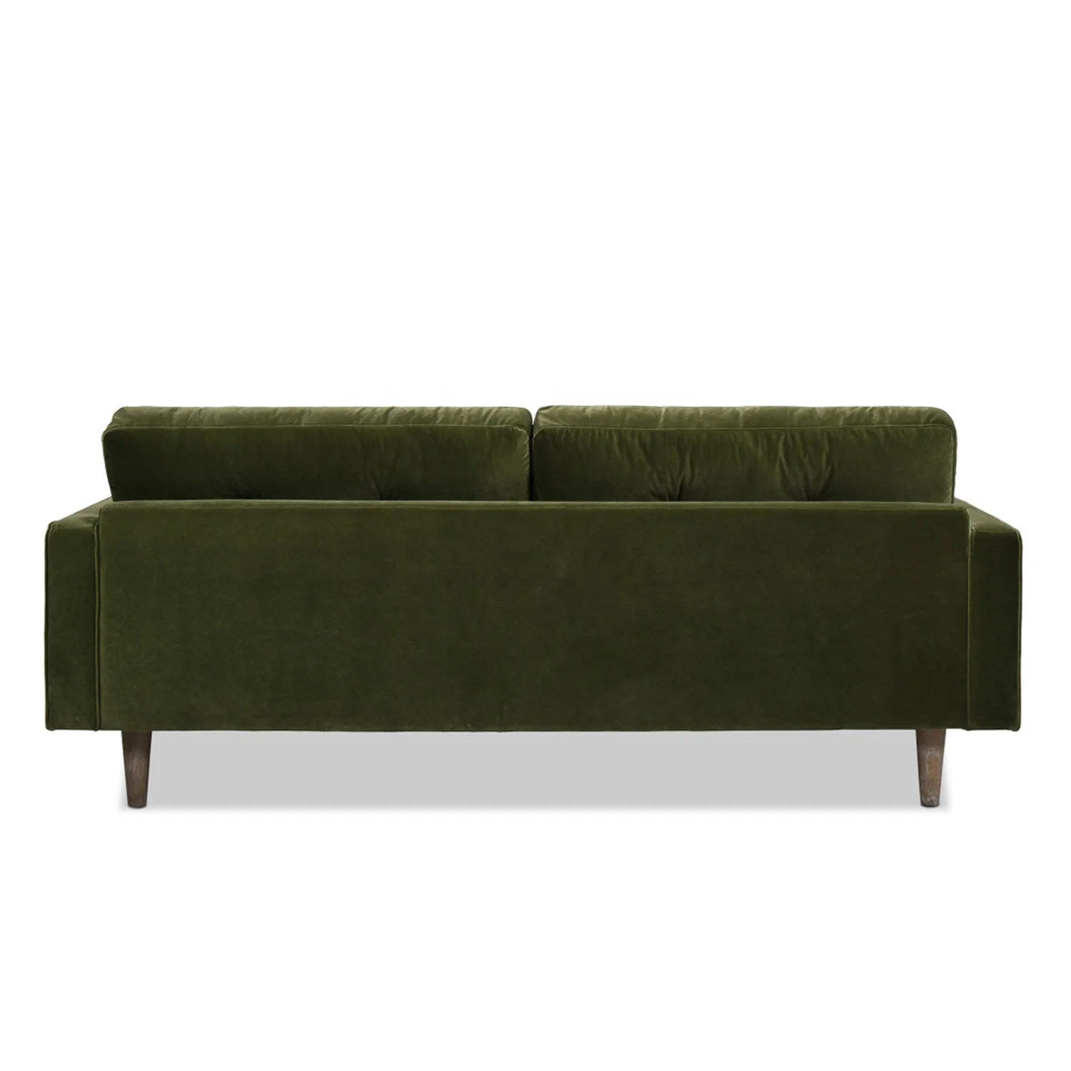 Mid-Century Modern Design Wooden Frame Green Velvet Fabric Square Tufted Seat Living Room Loveseat Sofa