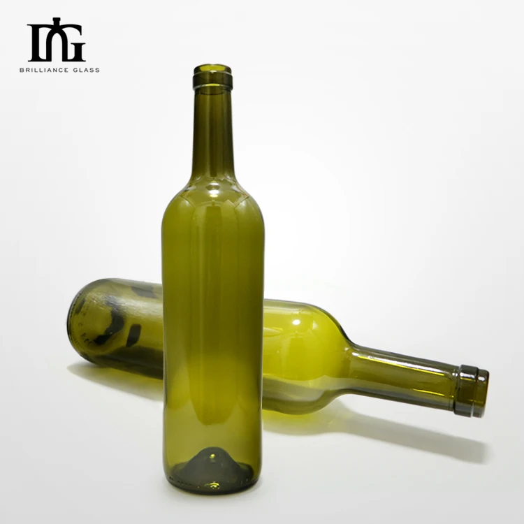 Recyclable wholesale 750ml glass wine bottle with silk mouth dark green red wine glass bottle liquor brandy glass bottle